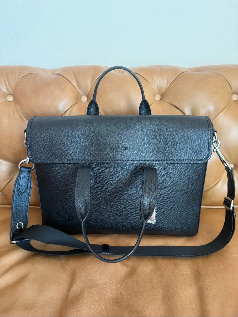 Coach Black Leather Men's Tote with Silver Signature Tag